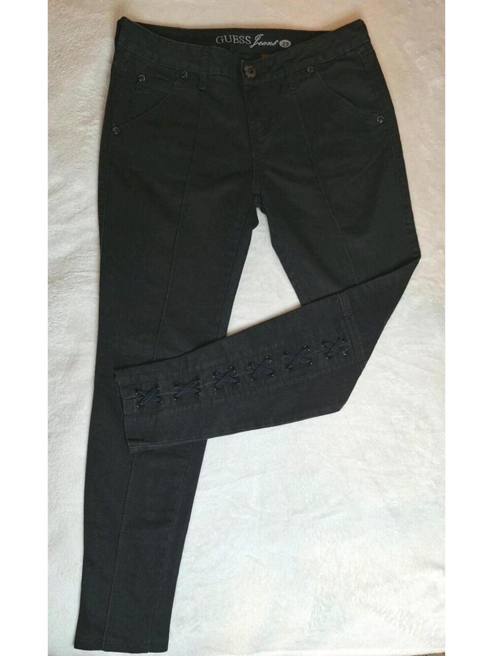 GUESS Power Skinny Black Jeans Lace-Up Ankle Rhinestone Patch Bling EUC Size 29
